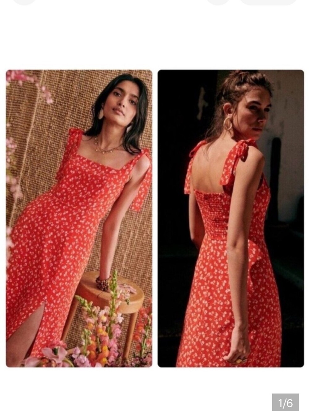 Sezane Doritha Silk Red Floral Tie-Shoulder Midi Dress with Side Slit
